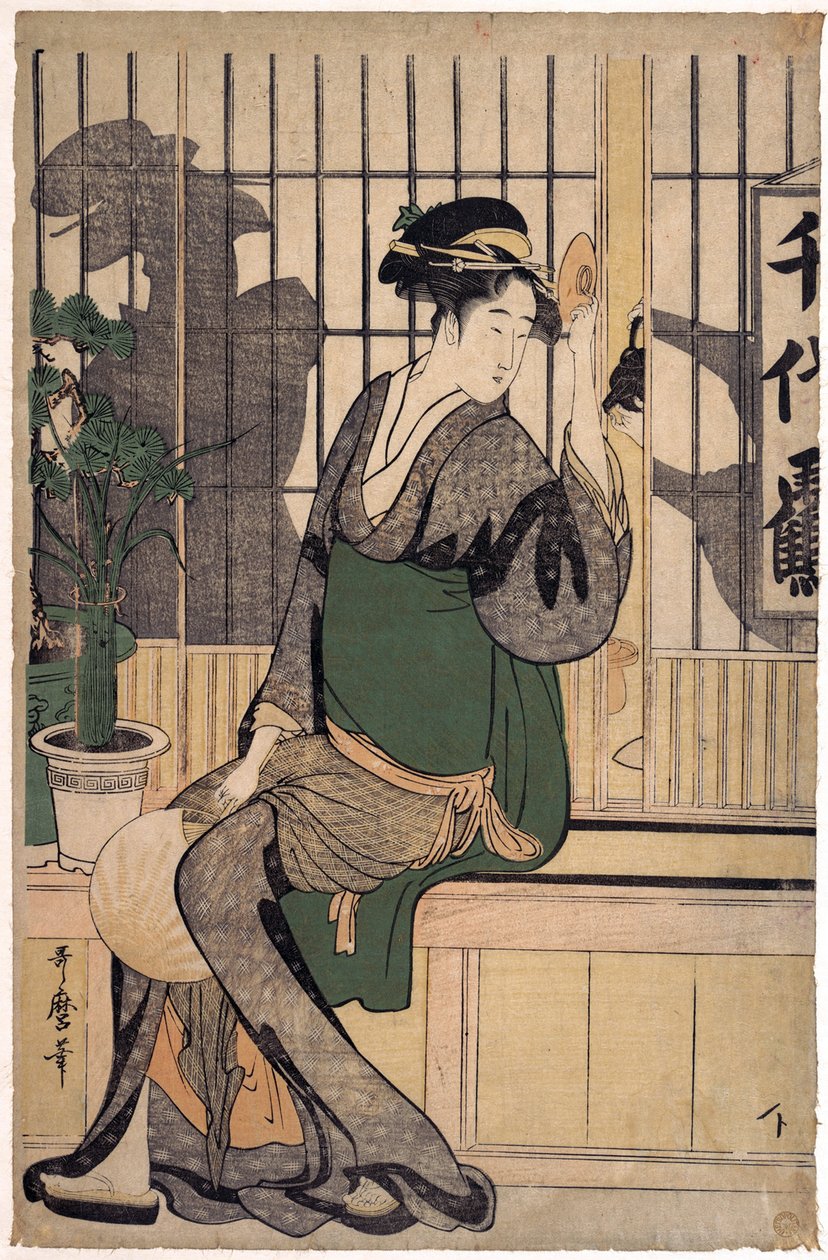 La maison de the Chiyozuru (skuggor på shoji, pappersvägg) - The Chiyozuru Teahouse (Shadows on the Shoji) av Utamaro, Kitagawa (1753-1806) av Kitagawa Utamaro