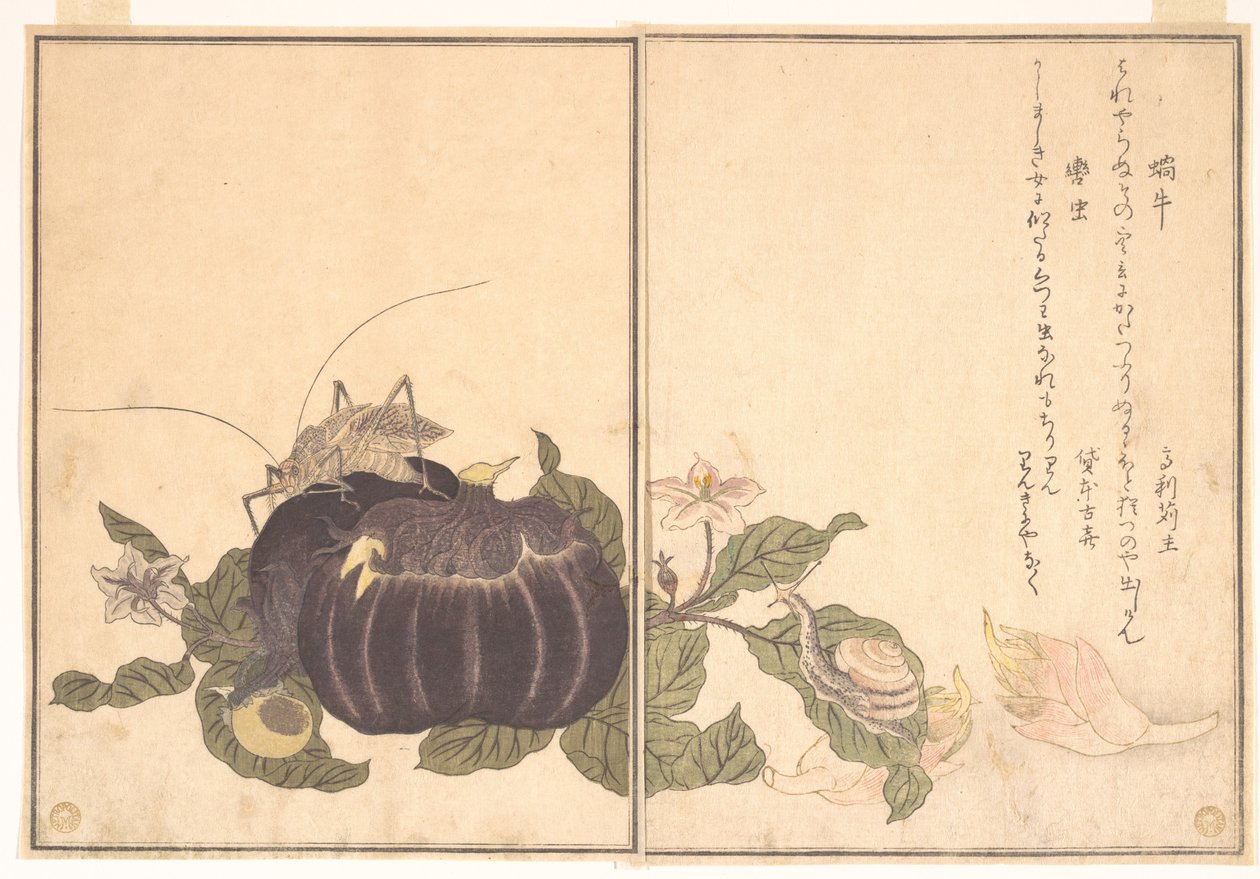 Landsnäcka (Katatsumuri); jättestor vårtbitare (Kutsuwamushi), ur bilderboken om krypande varelser (Ehon mushi erami) av Kitagawa Utamaro