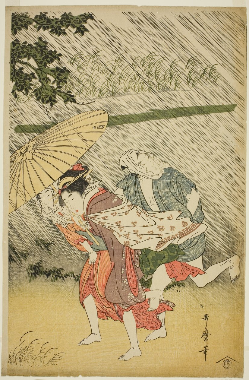Älskare under ett paraply, ca 1797 (trätryck i färg; oban) av Kitagawa Utamaro