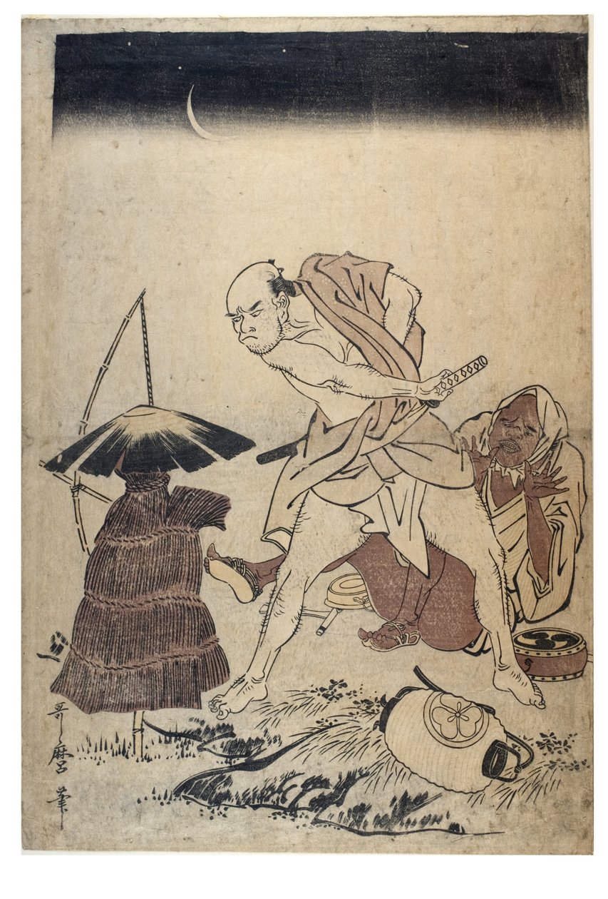 Man hotar fågelskrämma en mörk natt, ca 1758-1806 (träblockstryck utan papper) av Kitagawa Utamaro