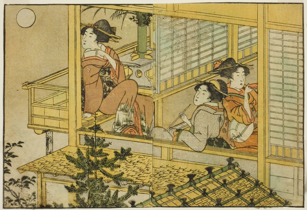 Moon-Viewing Party, från den illustrerade boken "Picture Book: Flowers of the Four Seasons (Ehon shiki no hana)," vol. 2 av Kitagawa Utamaro