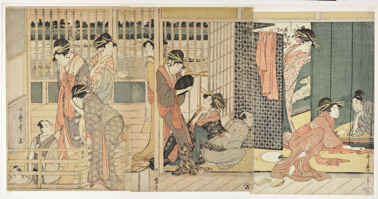 Morgonavsked vid det tillfälliga boendet i Pleasure Quarter, 1801 av Kitagawa Utamaro