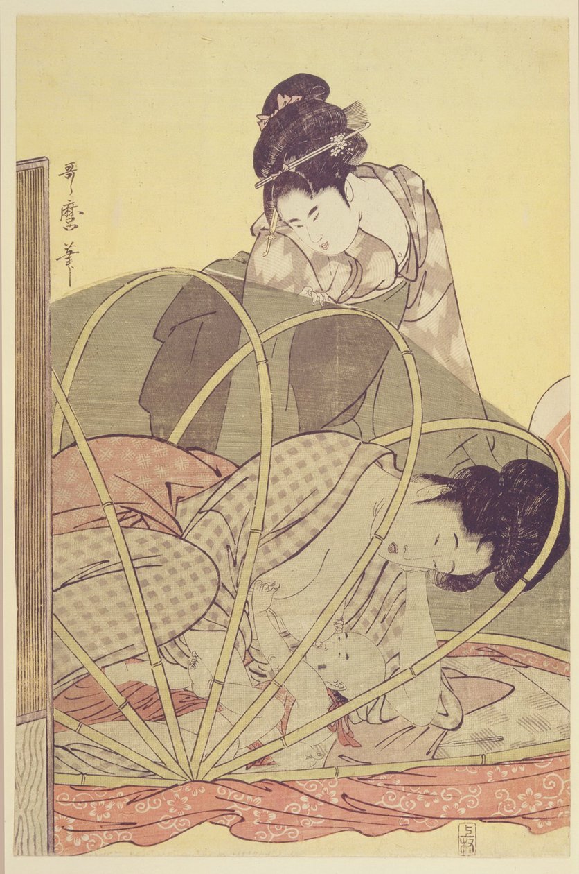 Mamma ammande baby under myggnät, ca. 1795 av Kitagawa Utamaro