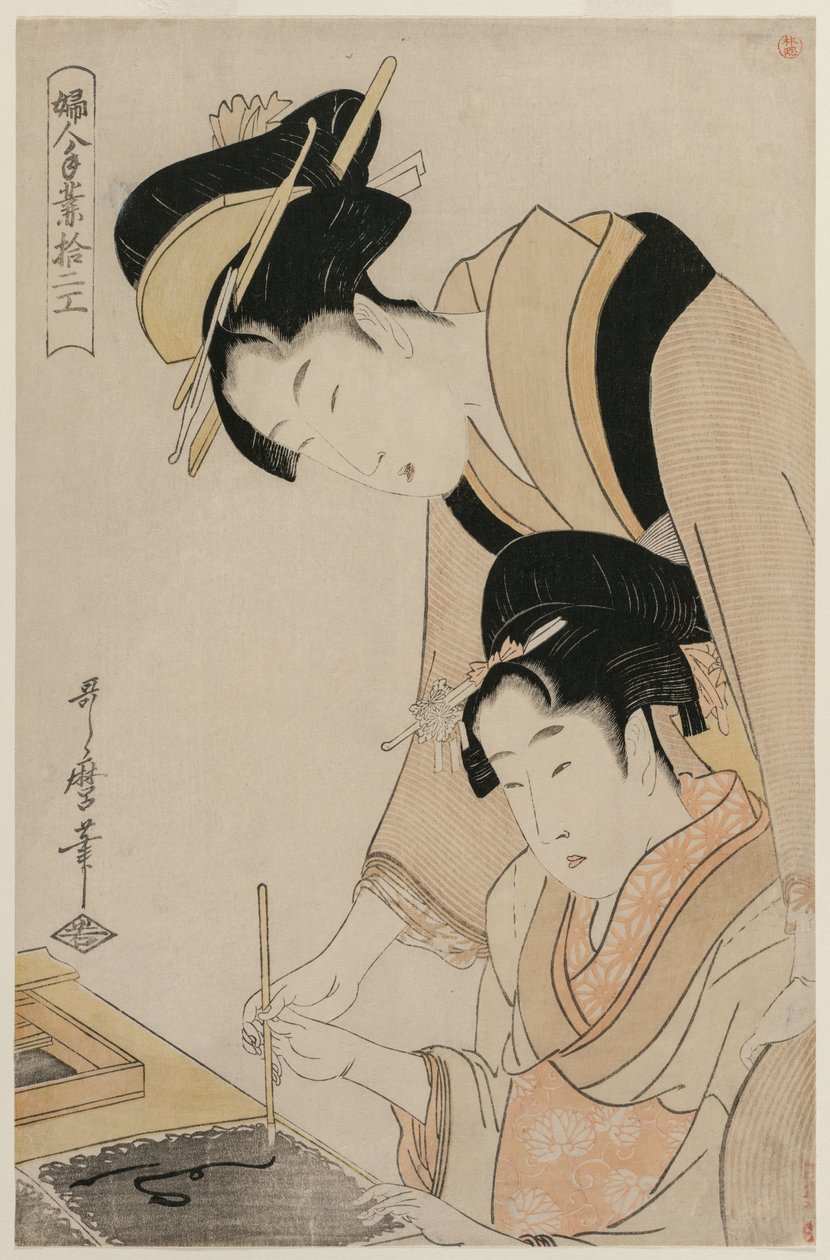 Mother Teaching her Daughter Calligraphy, från serien, Twelve Occupations of Women, ca. 1798. av Kitagawa Utamaro