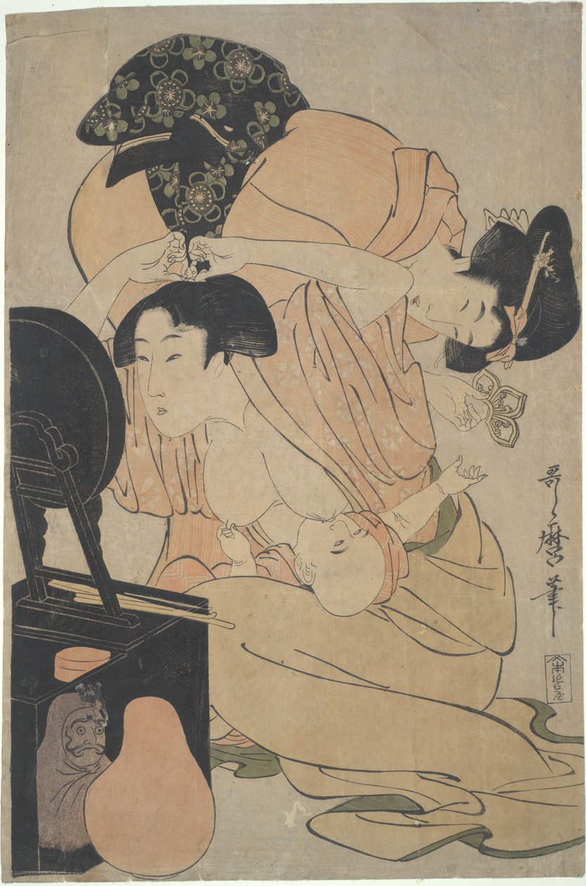 Mor med ett ammande barn och en medföljande person av Kitagawa Utamaro