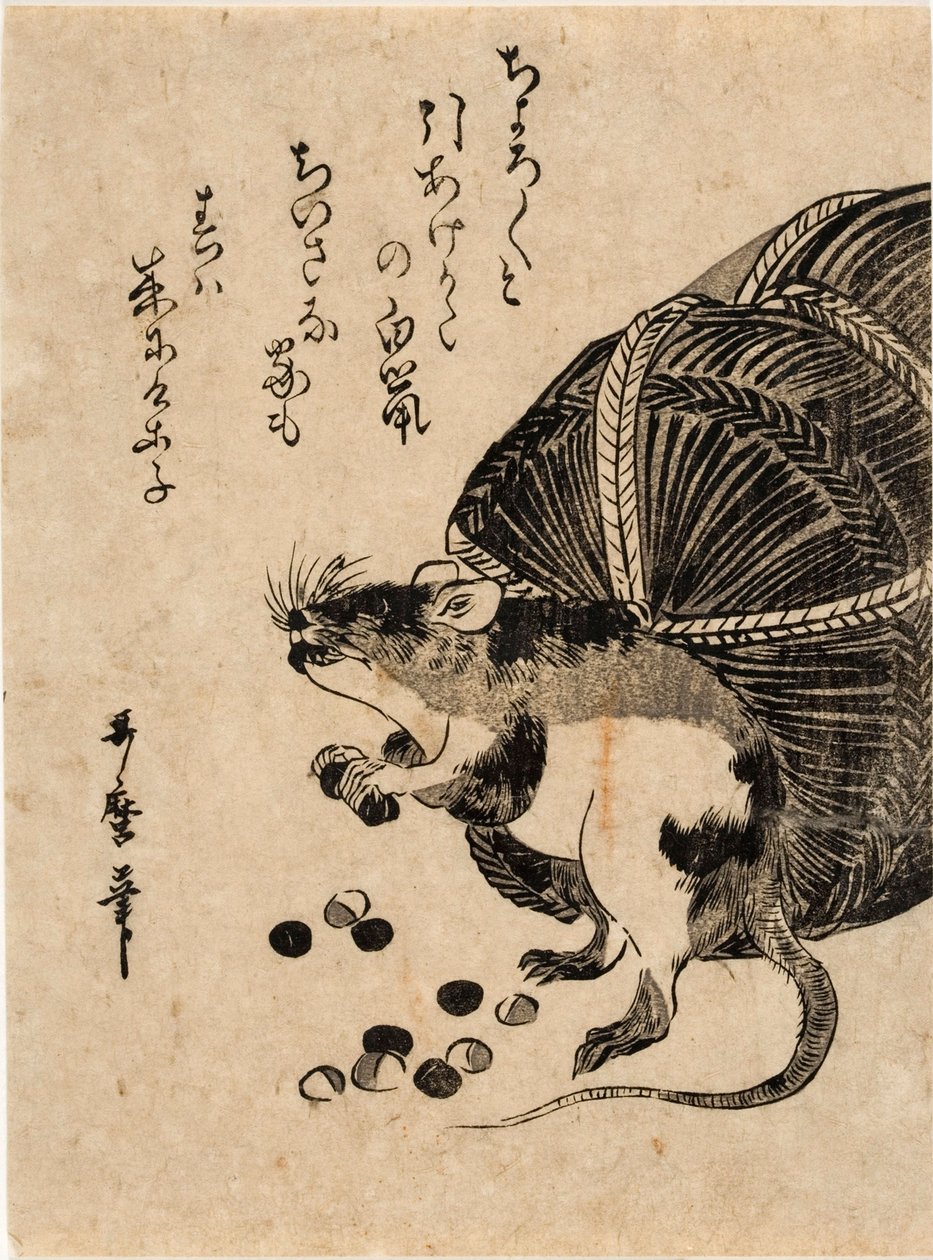 Mus med en säck ris av Kitagawa Utamaro