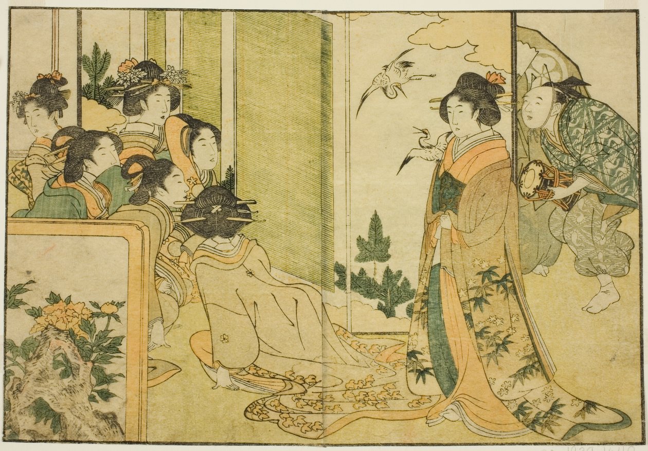 Nyårsuppträdande med Manzai på en feodalherres herrgård, från den illustrerade boken "Picture Book: Blommor från de fyra årstiderna (Ehon shiki no hana)", vol. 1 av Kitagawa Utamaro