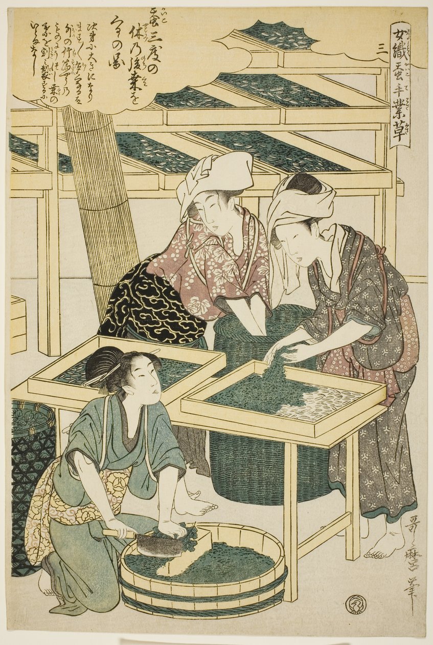 Nr 3 (san), från serien "Women Engaged in the Sericulture Industry (Joshoku kaiko tewaza-gusa)" av Kitagawa Utamaro