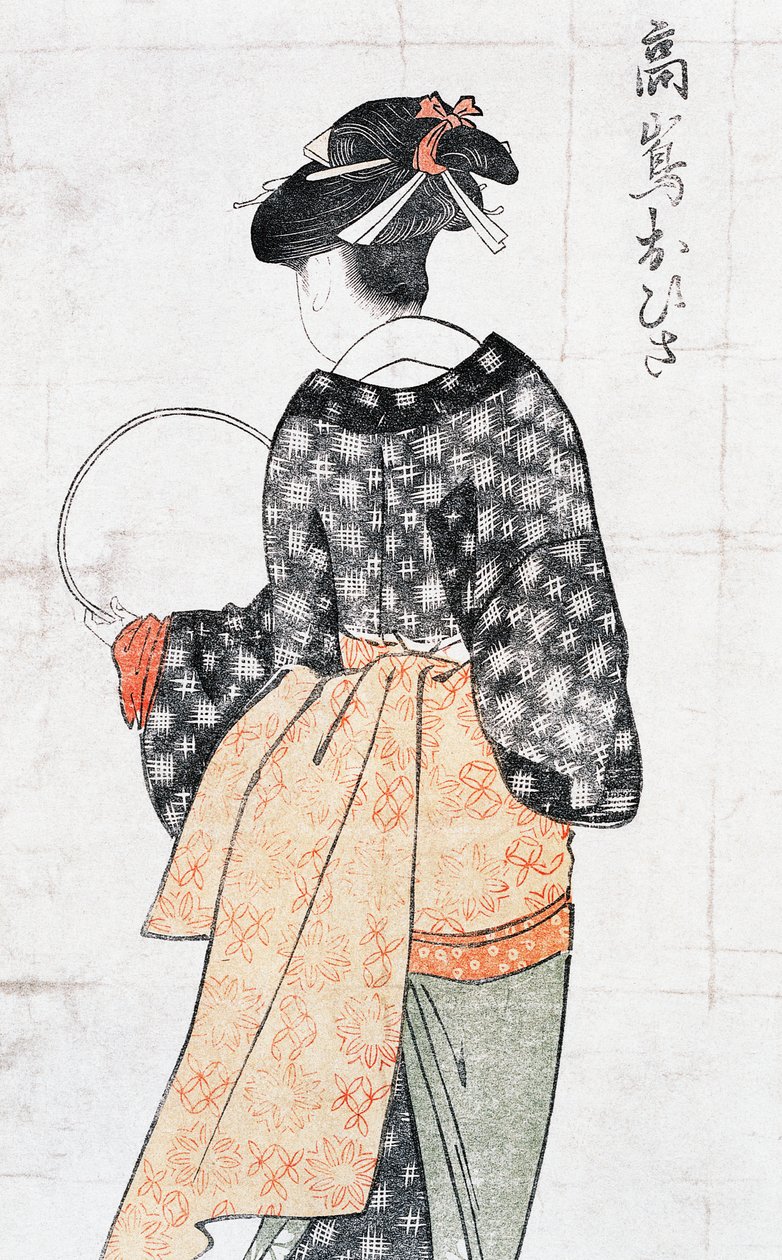 Ohisa från Takashima Teahouse, Woman Inkimono With Fan, Ukiyoe Art Print av Kitagawa Utamaro (1753-1806) Zachion, Ed Perio d av Kitagawa Utamaro