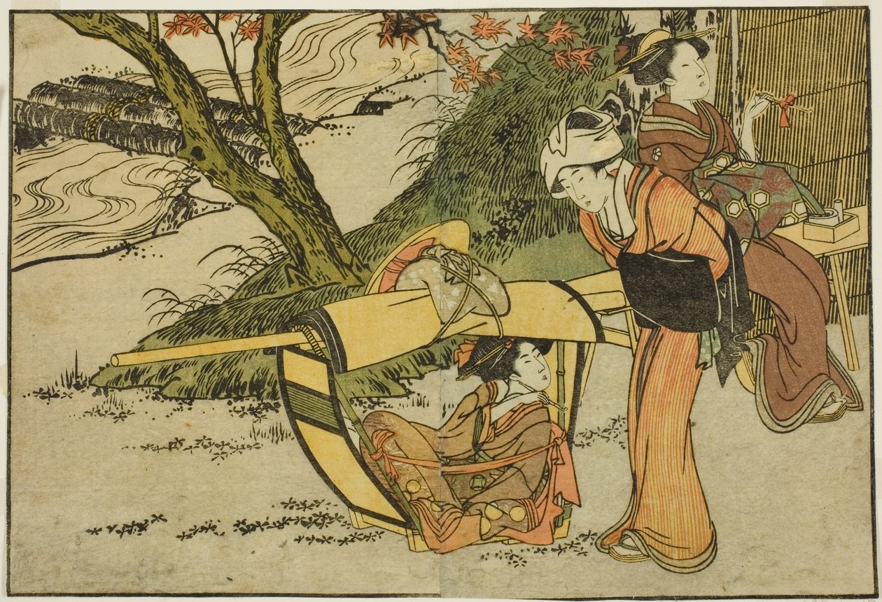 Utflykt för att se lönnar på hösten, från den illustrerade boken "Picture Book: Flowers of the Four Seasons (Ehon shiki no hana)," vol. 2 av Kitagawa Utamaro