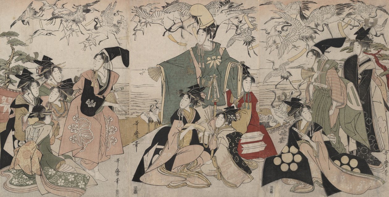 Parodi på Yoritomo som släpper ut tranor (Mitate Yoritomo hōkaku) av Kitagawa Utamaro