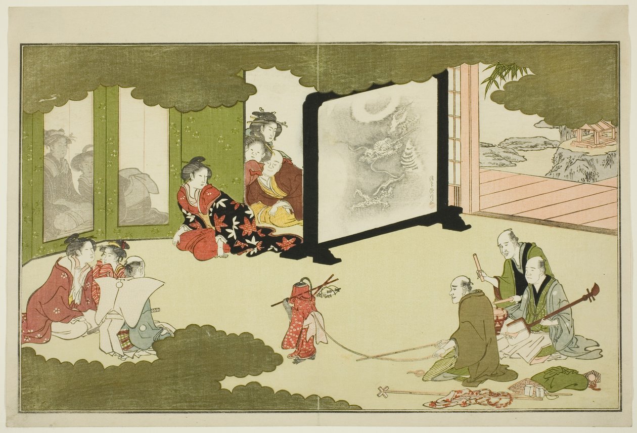 Performance of a Trained Monkey, från en illustrerad poesiantologi med titeln "The Young God Ebisu (Waka Ebisu)" av Kitagawa Utamaro