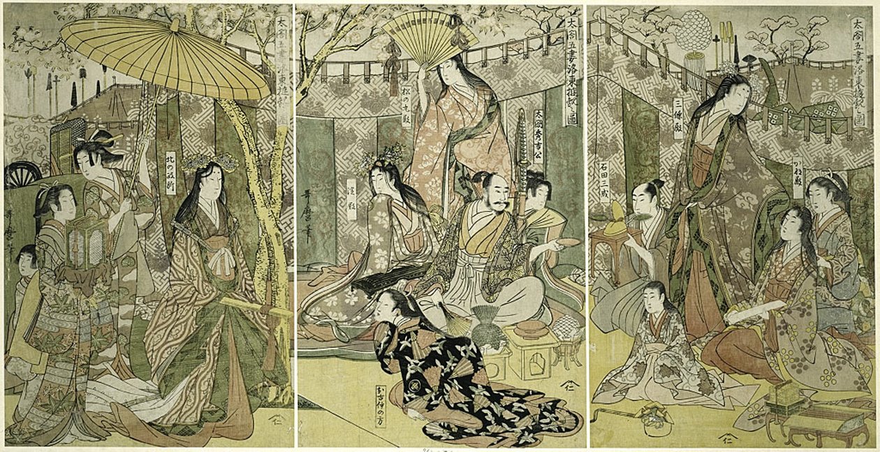 Dag C F Hideyoshi Plan D Kostnader Fem fruar tittar på Chery Bosso MS på Higashiyama av Kitagawa Utamaro