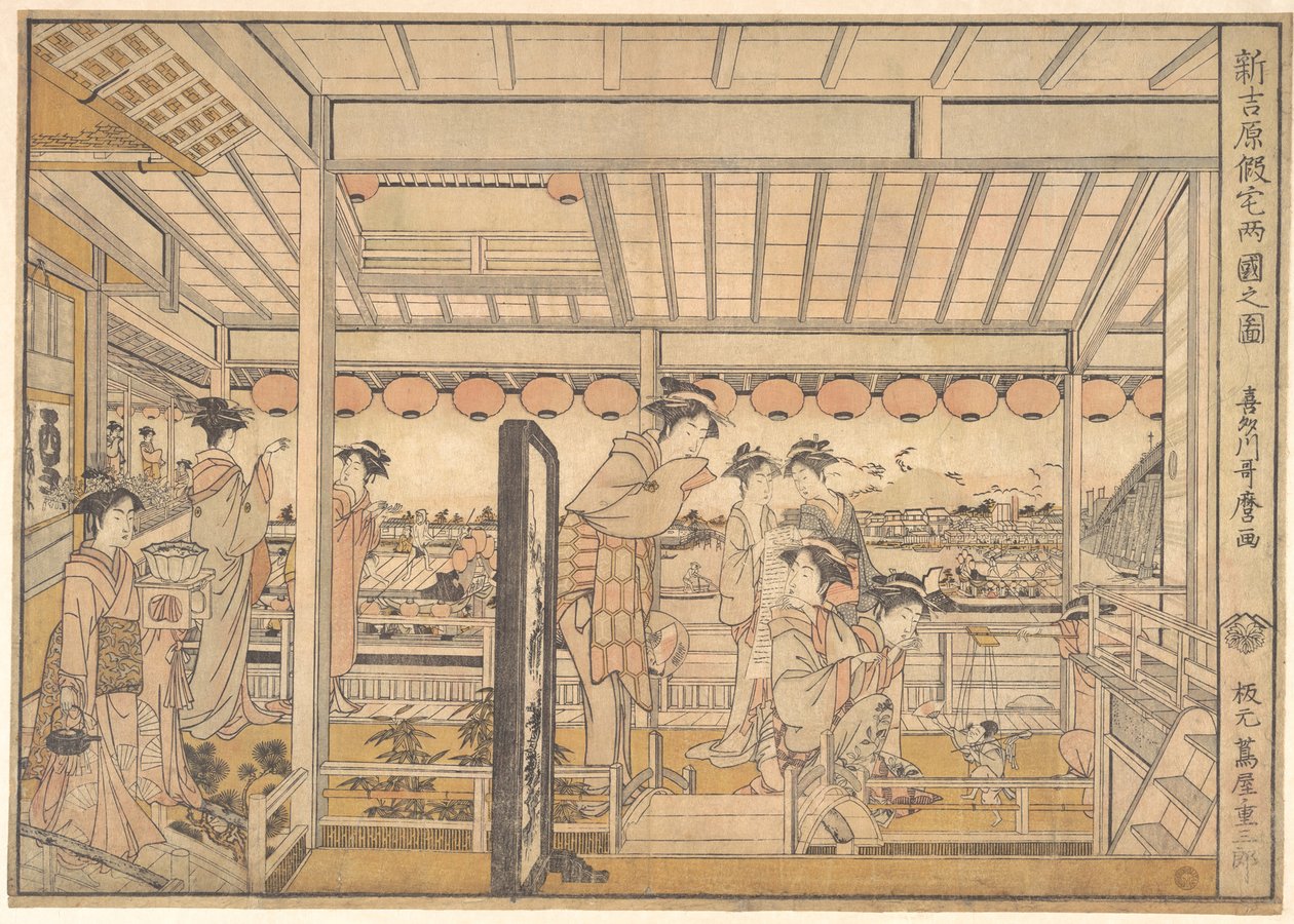 Bild på de tillfälliga bostäderna i det nya nöjeskvarteret Yoshiwara i Ryōgoku  (Shin Yoshiwara Karitaku Ryogoku no zu) av Kitagawa Utamaro