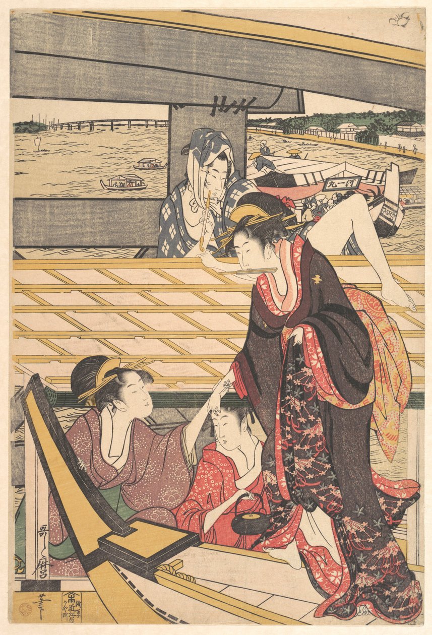 Nöjessällskap i båtar på Sumidafloden under Ryōgoku-bron av Kitagawa Utamaro