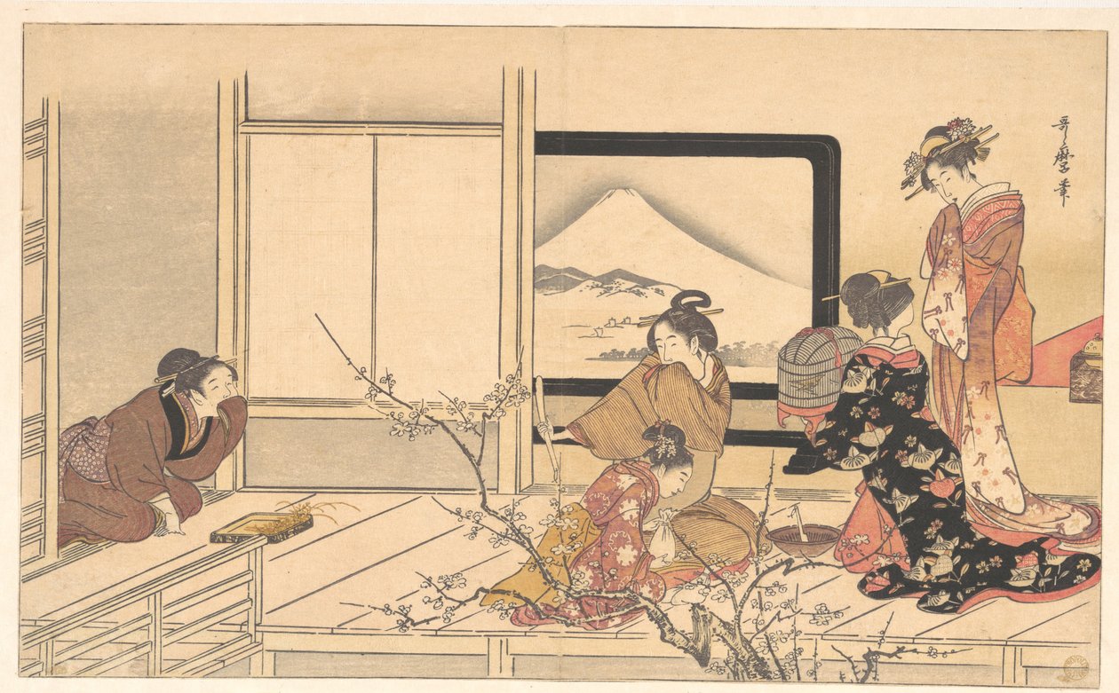 ”Tillagning av mat åt sångaren”, ur albumet Männens stämpeldans (Otoko dōka, uguisu no esa suri) av Kitagawa Utamaro