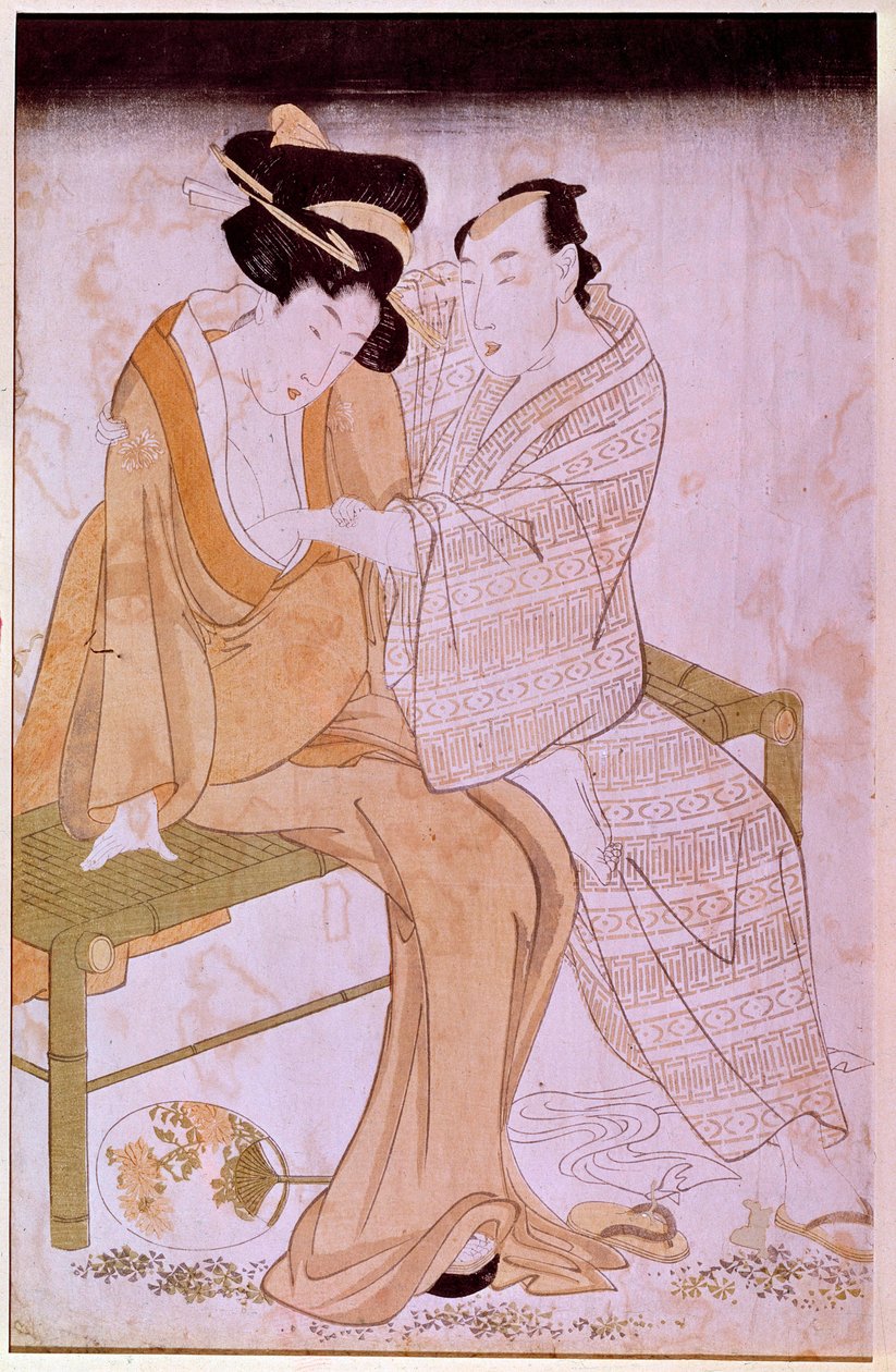 Representation av ett japanskt par som smeker varandra på en bänk. Tryck av Utamaro Kitagawa (1753-1806). Dämpa. 0,38x0,245 m. Paris, Muse Guimet, Nationalmuseet för asiatisk konst av Kitagawa Utamaro