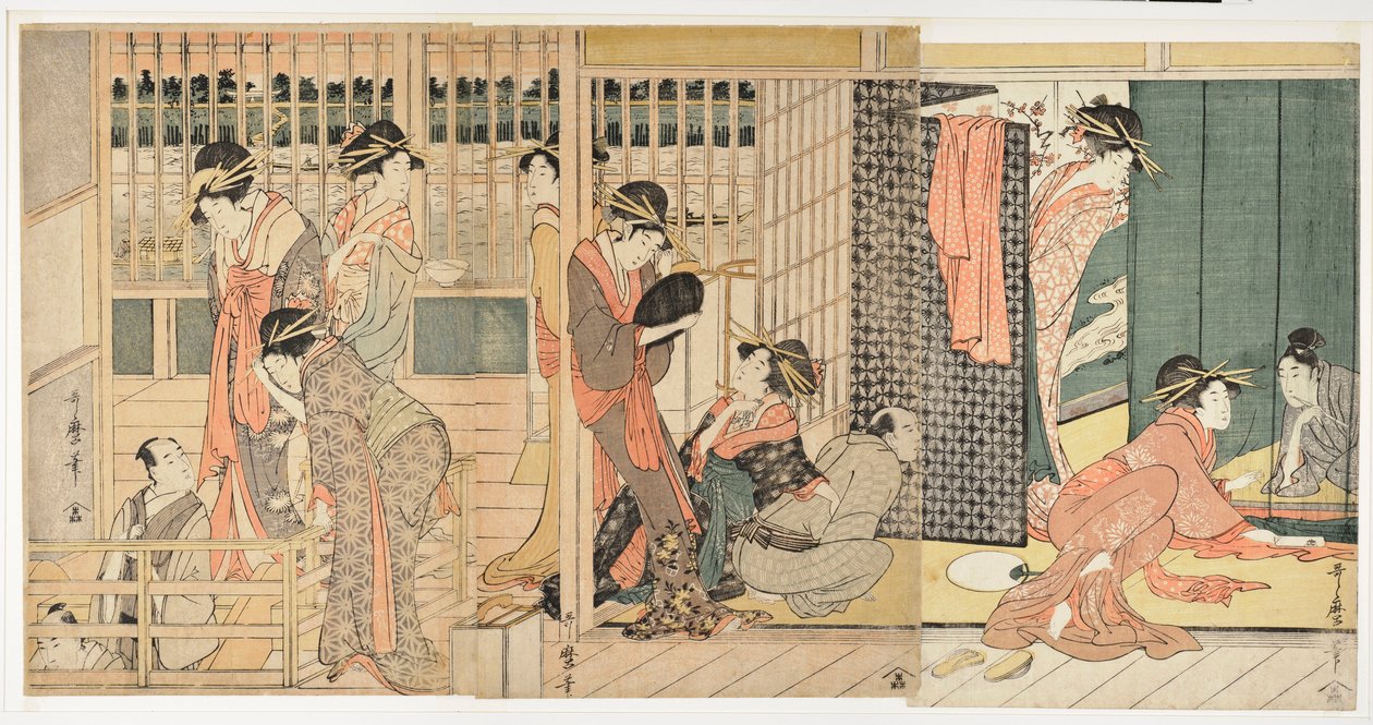 Morgonscen i ett japanskt "toleransens hus" (karitaku) - Tryck av Kitagawa Utamaro (1753-1806) av Kitagawa Utamaro