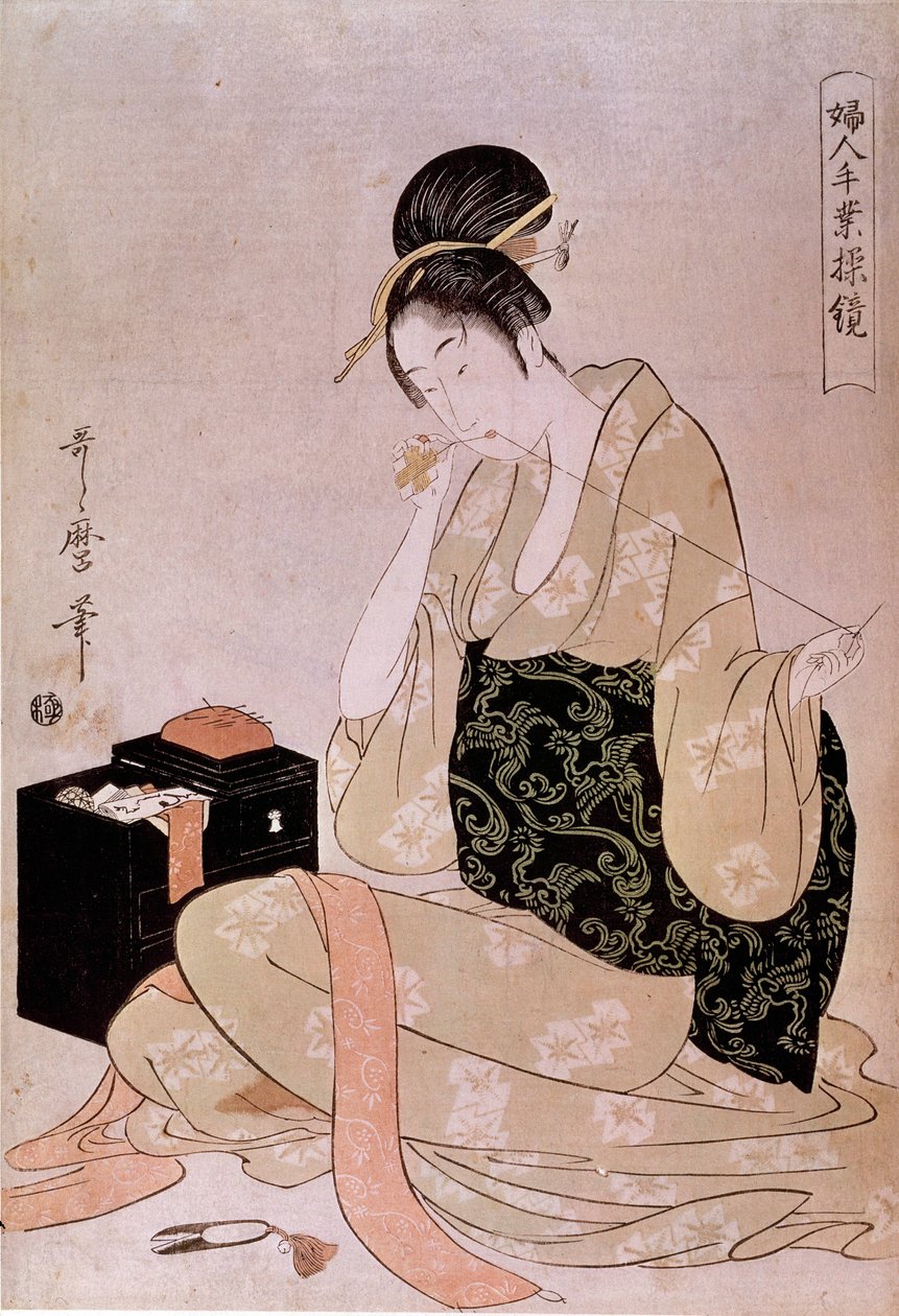 Sömnad, serie för kvinnors manuella arbete: en coutiriere skärtråd med sina tänder japanskt tryck av Utamaro Kitagawa (1753-1806). Dämpa. 0,37x0,26 m. 1700-talet. Paris, Guimet-museet, Nationalmuseet för asiatisk konst av Kitagawa Utamaro