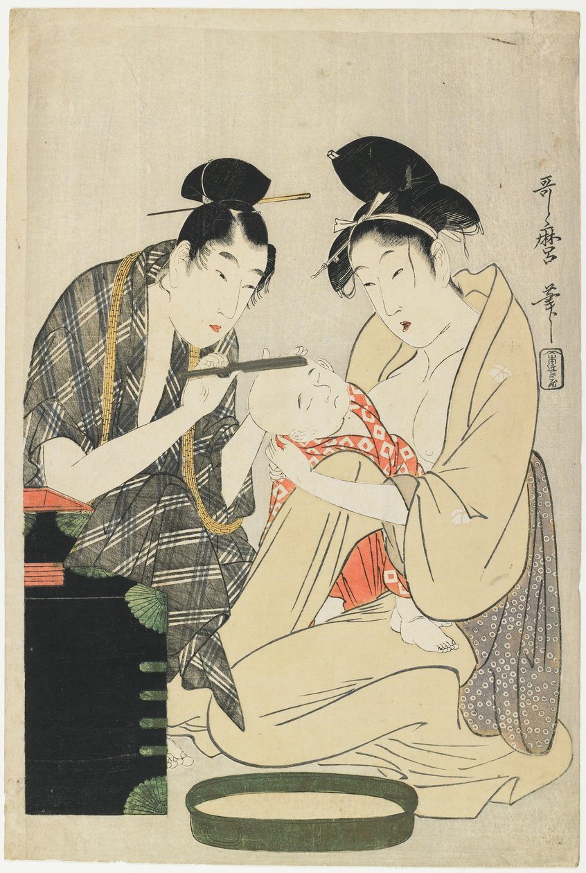 Rakning av en pojkes huvud, Edo-perioden, ca 1801 (färgsnitt) av Kitagawa Utamaro