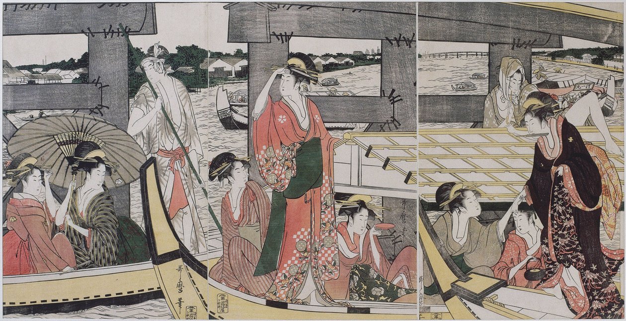 Sur et sous le pont de Ryogoku (Tokyo) - På toppen och under Ryogoku Bridge par Utamaro, Kitagawa (1753-1806), ca. 1796 - Färgträsnitt, 38,2x74,6 - Privat samling av Kitagawa Utamaro