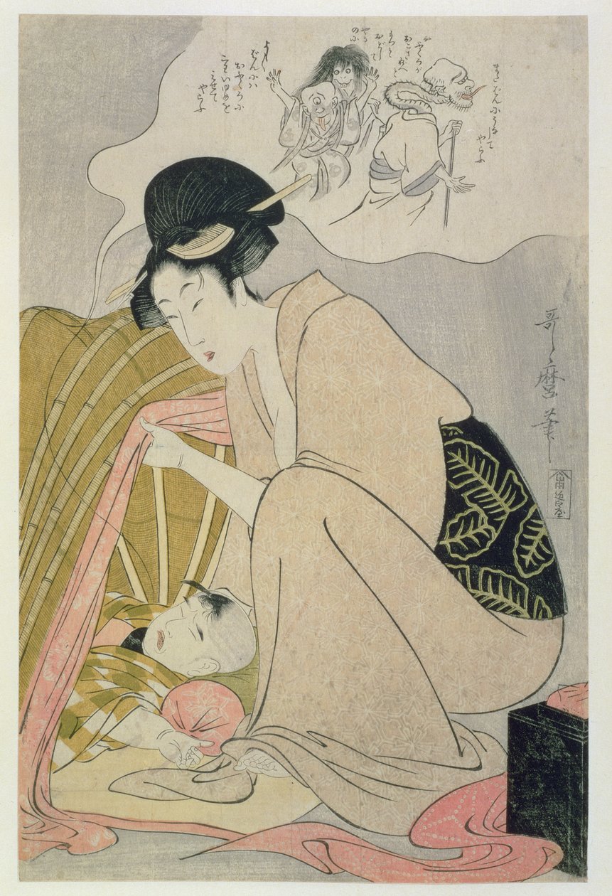 T H Riches 1913. Barn som har en mardröm, ca 1801 (träblocktryck) av Kitagawa Utamaro