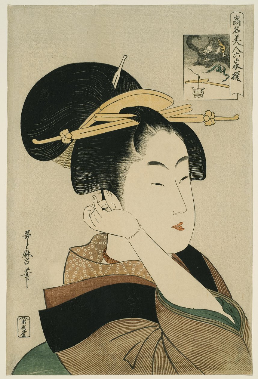Tatsumi Roko, från serien "Renowned Beauties Likened to the Six Immortal Poets" ("Komei bijin rokkasen") av Kitagawa Utamaro