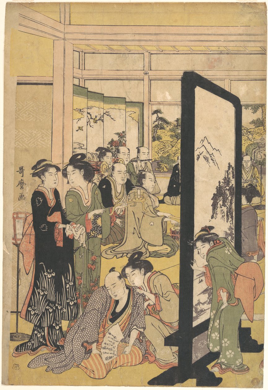 Konstnären Kitao Masanobu kopplar av på en fest av Kitagawa Utamaro