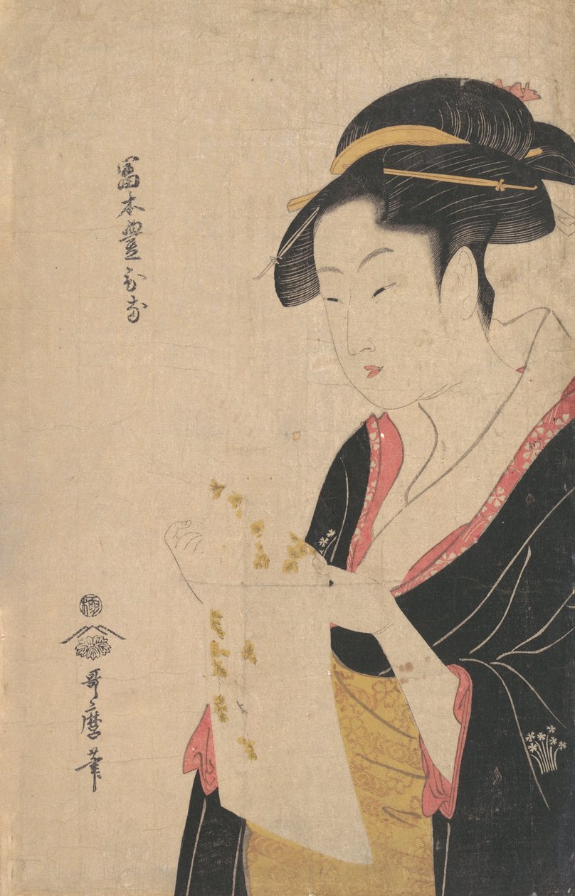 Lady Tomimoto Toyohina läser ett brev, 1790. av Kitagawa Utamaro