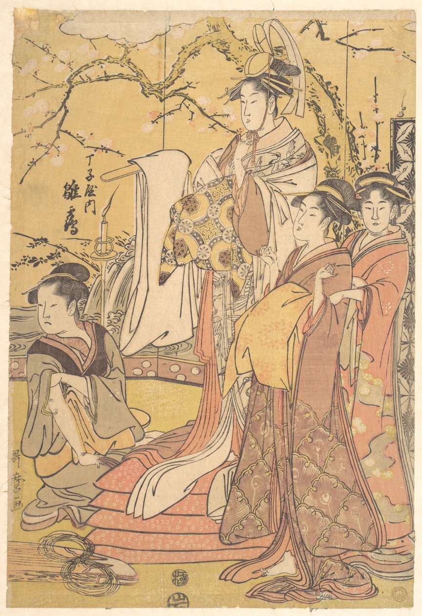 Oiranen Hinazuru från Chojiya stående på en hög futoner av Kitagawa Utamaro