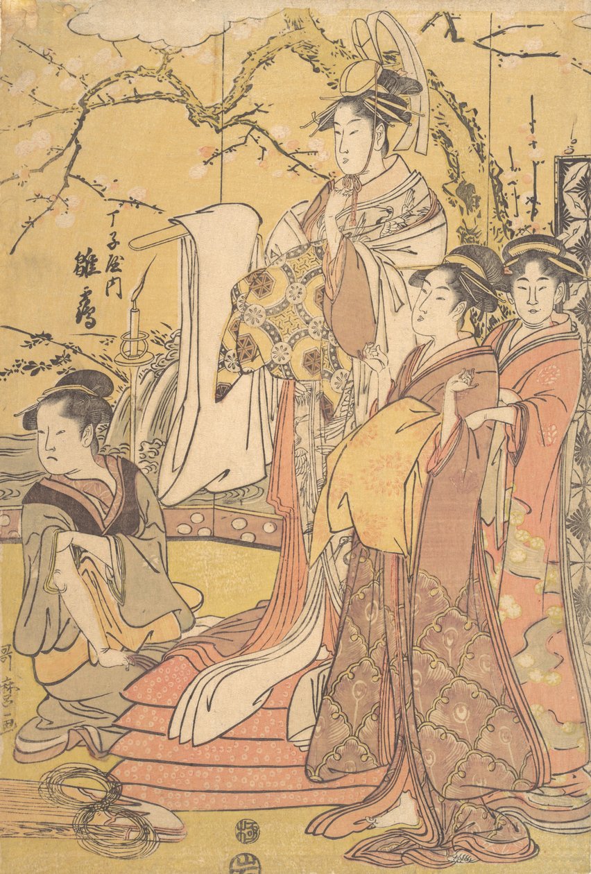 Oiran Hinazuru från Chojiya står på en hög med futon, ca. 1794. av Kitagawa Utamaro