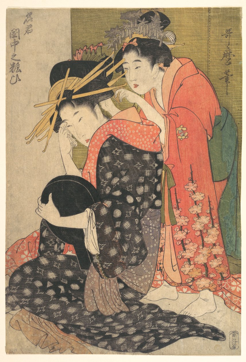 Oiran Yoso-oi sittande vid sitt toalettbord av Kitagawa Utamaro
