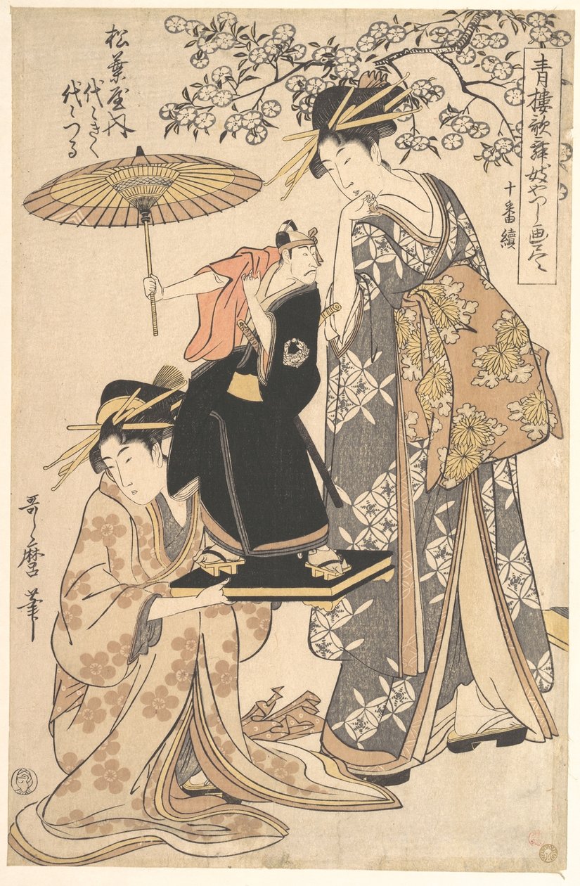 Oiran Yoyogiku från Matsubaya står under ett körsbärsträd av Kitagawa Utamaro