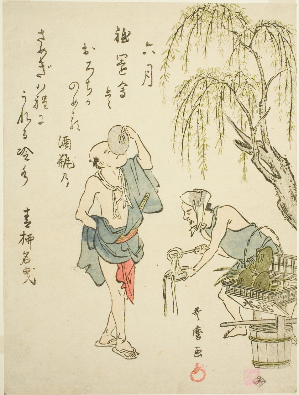 Den sjätte månaden (Rokugatsu), från en titellös serie genrescener under de tolv månaderna, med kyokadikter av Kitagawa Utamaro