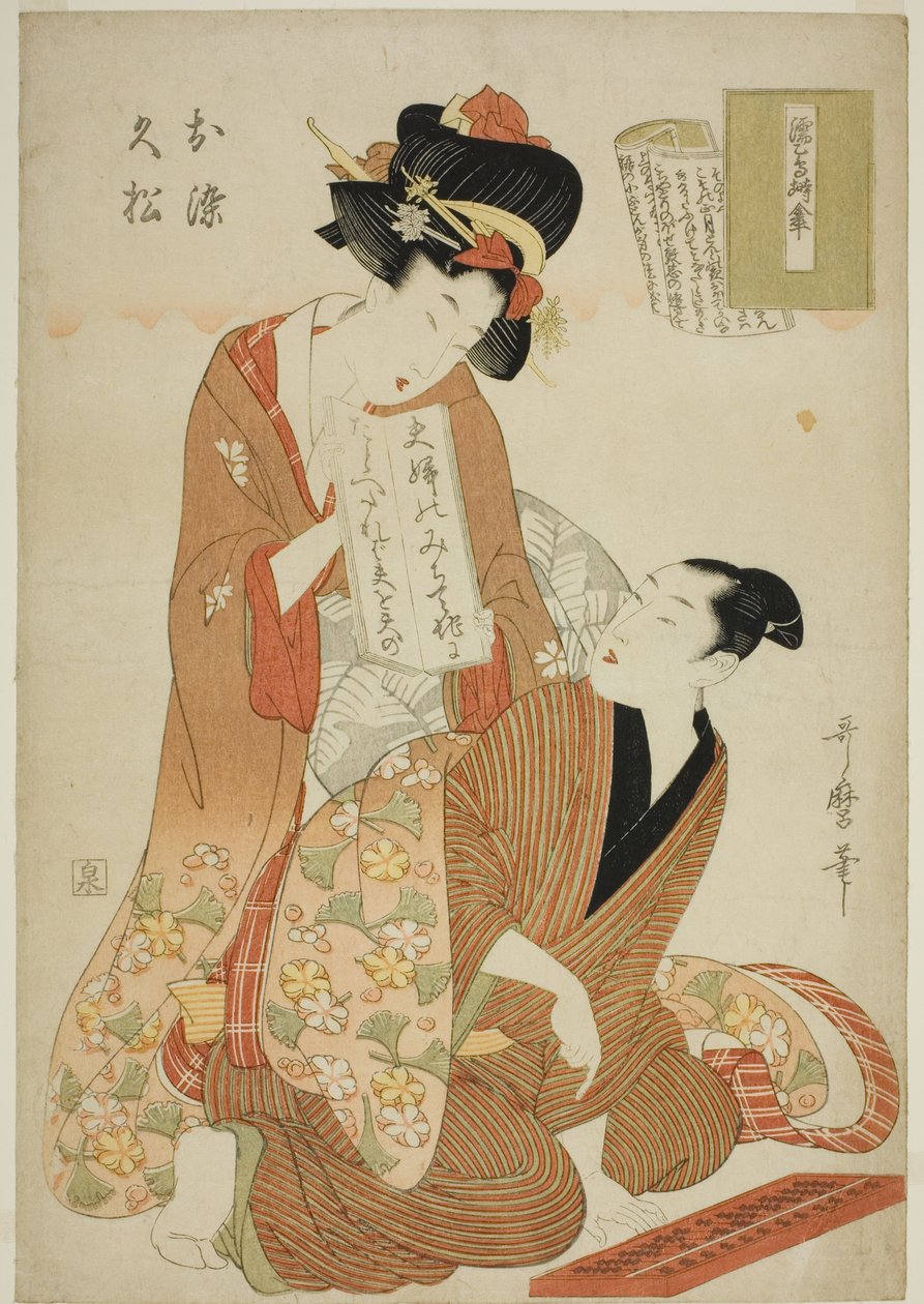 Te Tokoro Ruri, Wet Swallow Negura Kara Paraply, från Te-seriens Tokoro Ruri B Letch (Onna Rully Book) (Wet Swallow Negura Kara Paraply, sent, Hisamatsu) av Kitagawa Utamaro