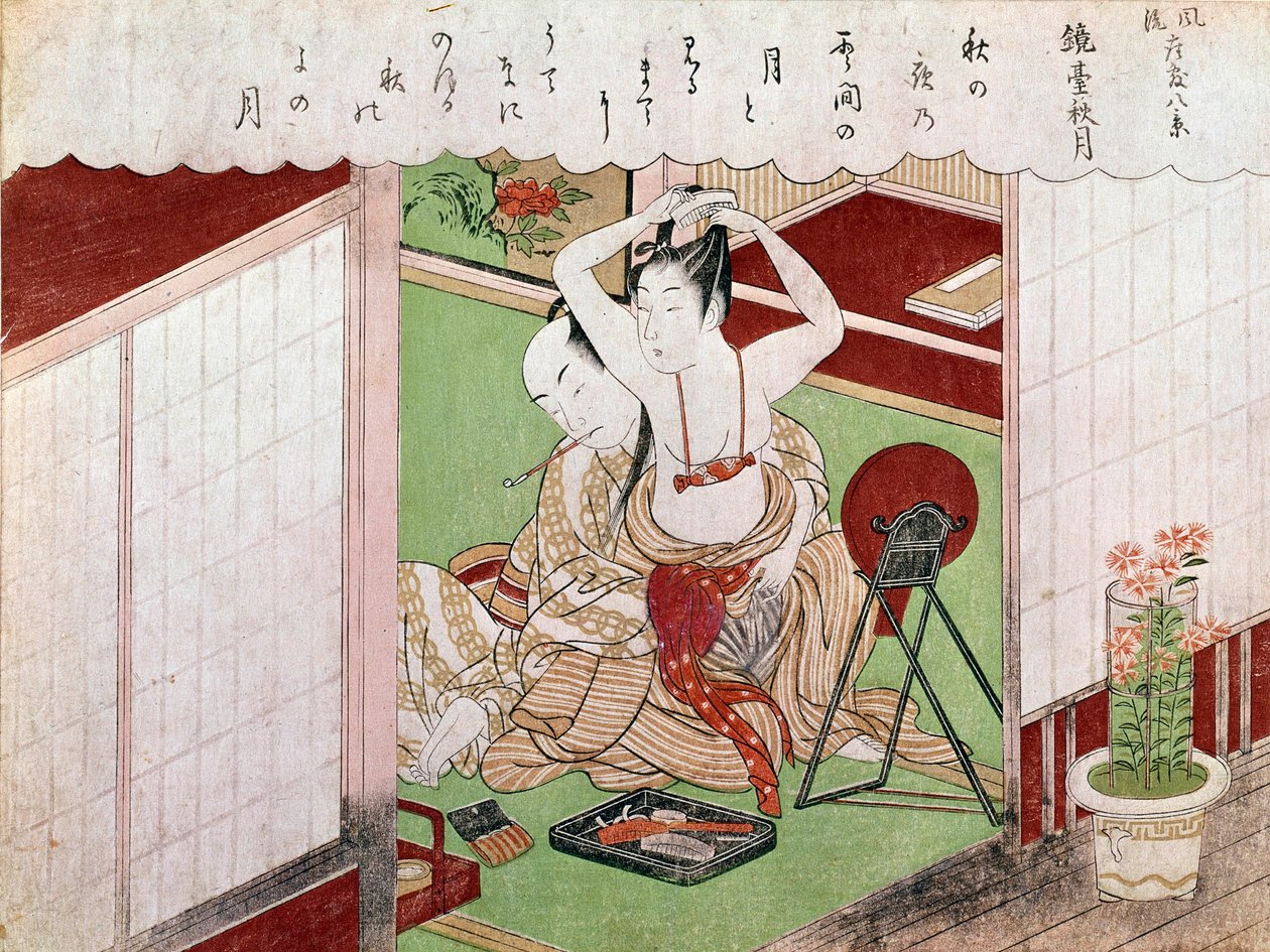 Toaletten med det eleganta japanska trycket av Utamaro Kitagawa (1753-1806). Sol. 0,38x0,25 m. 1794-1795. Paris, Guimet-museet, Nationalmuseet för asiatisk konst av Kitagawa Utamaro