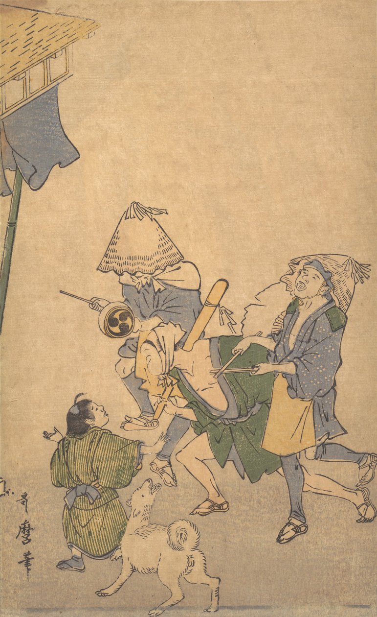 Tre revelers av de lägre klasserna, bära Komuso-hattar..., sent 1700-tidigt 1800-tal. av Kitagawa Utamaro