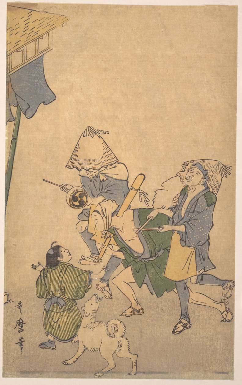 Tre festande ur de lägre klasserna, med komuso-hattar, en liten pojke och en hund av Kitagawa Utamaro
