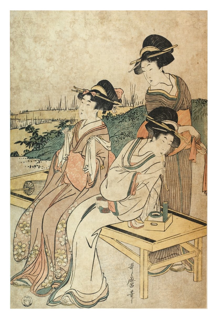 Tre kvinnor i landskapet, på fritiden, ca 1800-1801 (träblocktryck på papper) av Kitagawa Utamaro