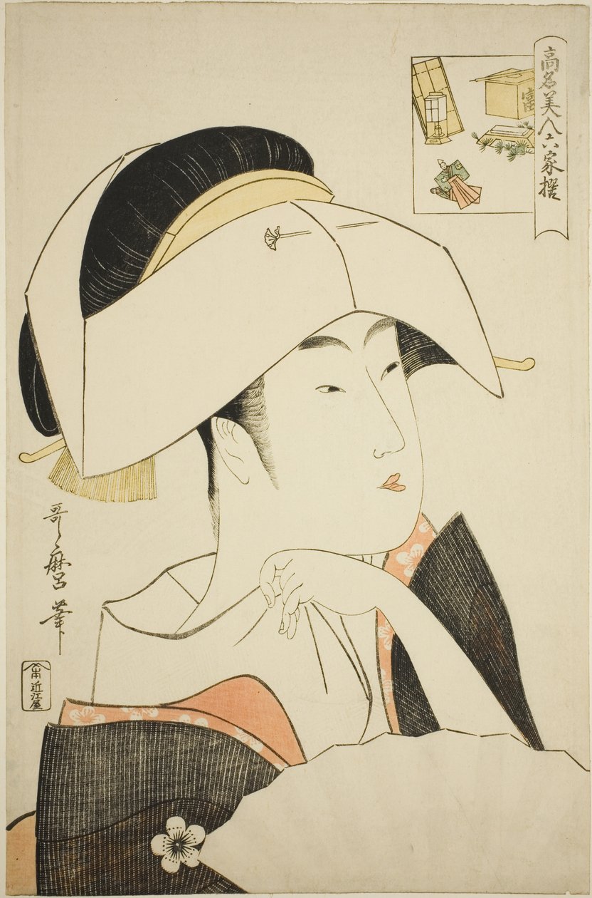 Tomimoto Toyohina, från serien Renowned Beauties Likened to the Six Immortal Poets (Komei bijin rokkasen) (Tomimoto Toyohina) (bild-gåta) av Kitagawa Utamaro