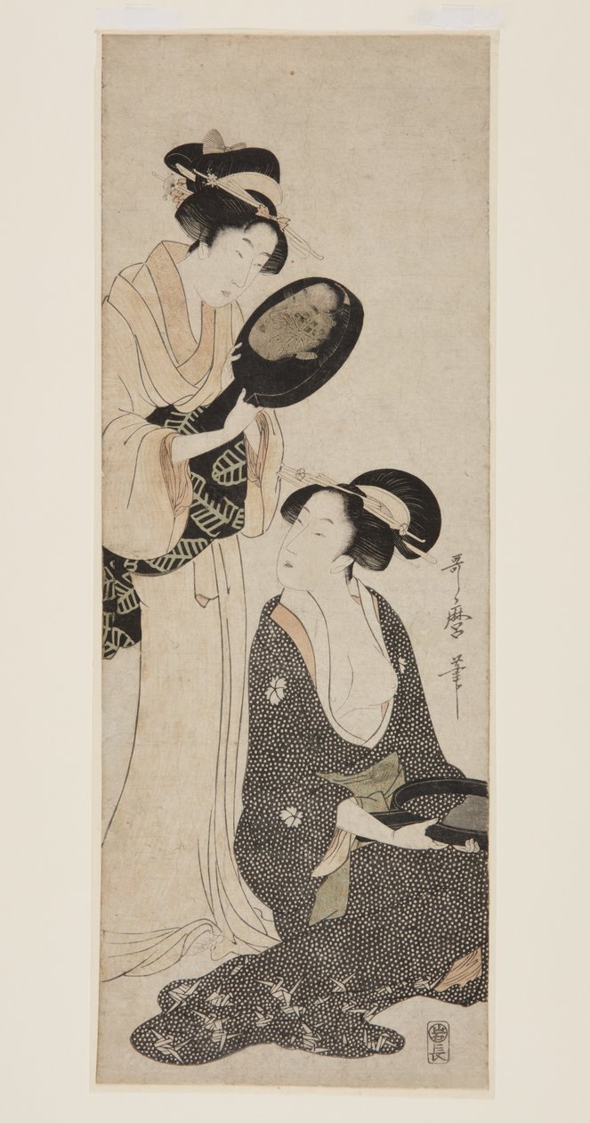 Två damer, var och en med en del av en lackad spegel (trätryck i färg) av Kitagawa Utamaro