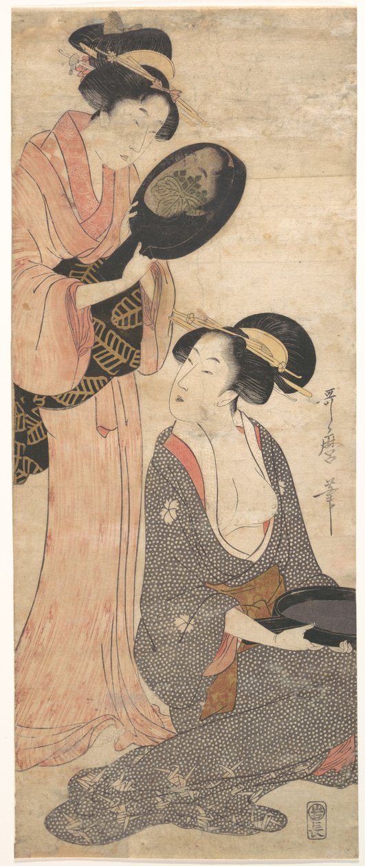 Två damer, var och en med en del av en lackerad spegel av Kitagawa Utamaro