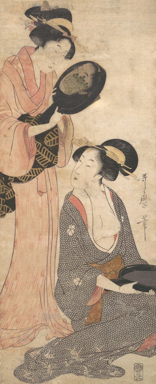 Två damer, var och en med en del av en lackad spegel, 1790-talet. av Kitagawa Utamaro