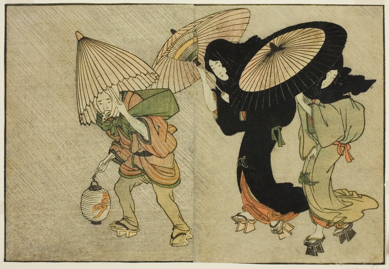Two Women and Attendant Capught in a Storm, från den illustrerade boken "Picture Book: Flowers of the Four Seasons (Ehon shiki no hana)," vol. 2 av Kitagawa Utamaro