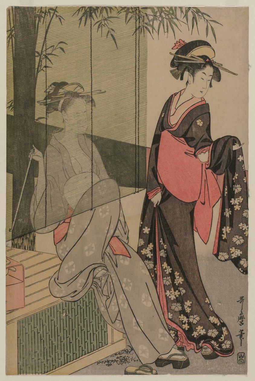 Två kvinnor av en bambublind av Kitagawa Utamaro