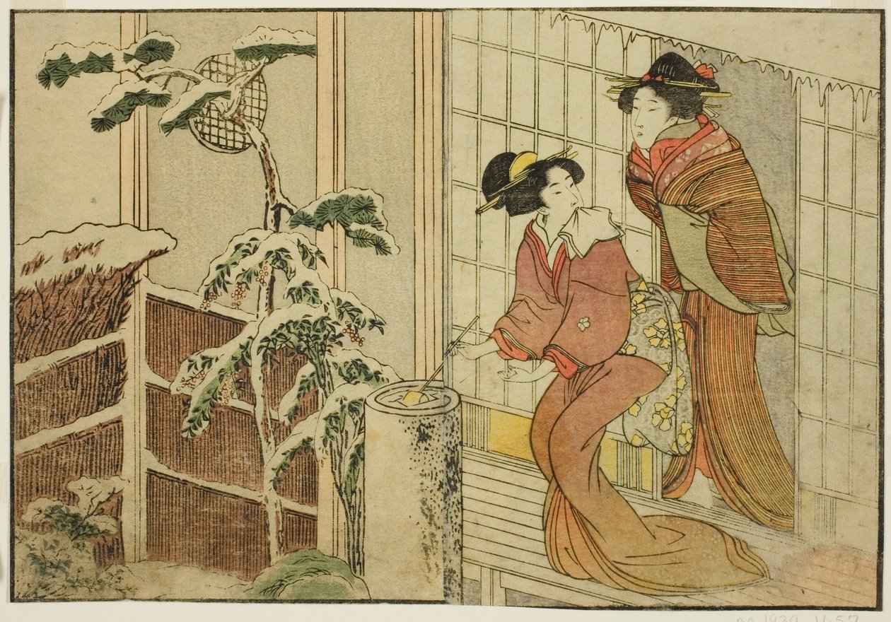 Two Women on Verandah on a Snowy Morning, från den illustrerade boken "Picture Book: Flowers of the Four Seasons (Ehon shiki no hana)," vol. 2 av Kitagawa Utamaro