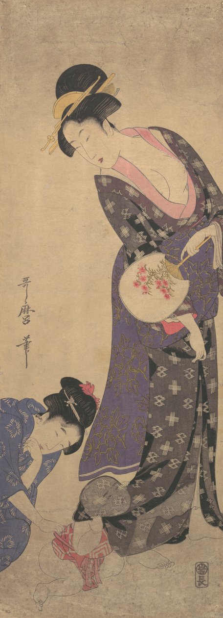 Två kvinnor med en baby som leker på golvet, ca. 1793. av Kitagawa Utamaro