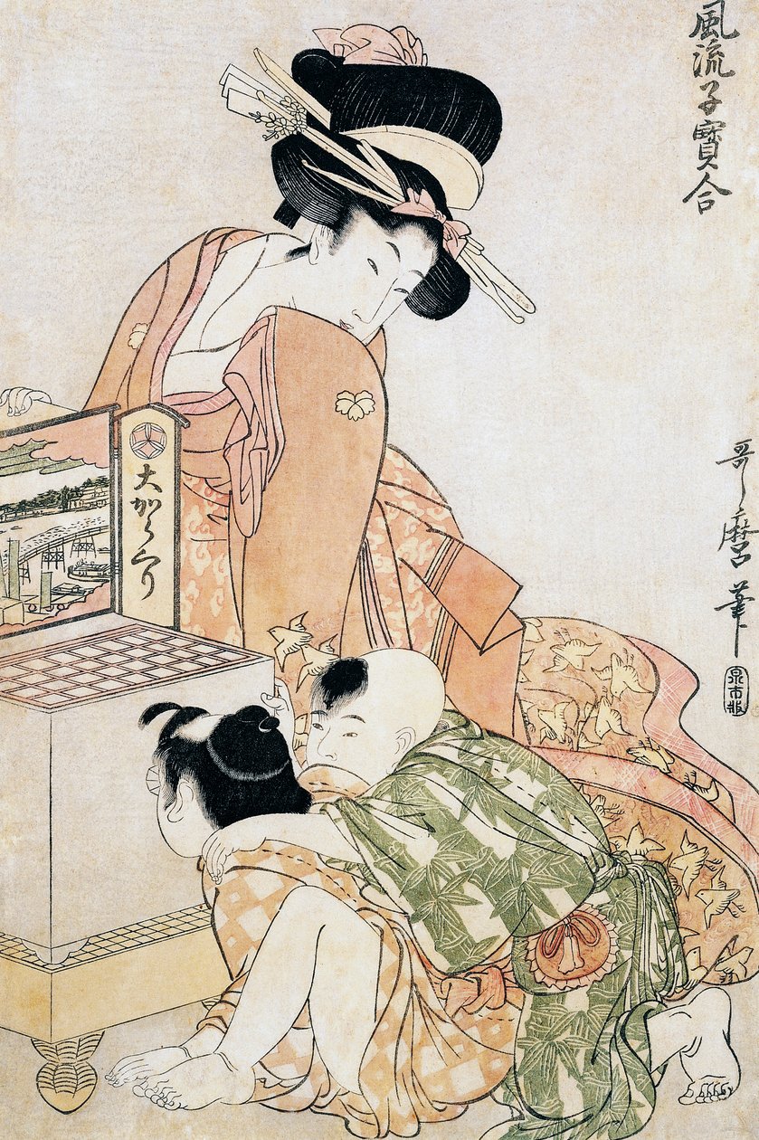 Två barn tittar in i stor optisk låda av Kitagawa Utamaro