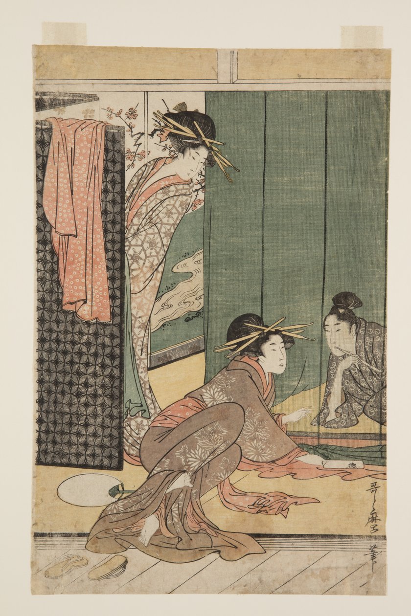 Två kurtisaner och en ung man under ett myggnät (träblock i färg) av Kitagawa Utamaro