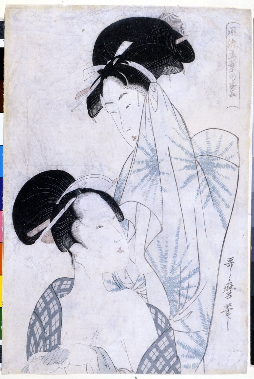 Två kvinnor lämnar badet. 1800. Konstverk av Utamaro KITAGAWA (1753-1806). av Kitagawa Utamaro